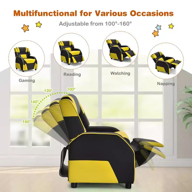 Divano Reclinabile per Bambini e Ragazzi Costway per Videogiochi con Poggiatesta e Poggiapiedi in Pelle PU Giallo/Bianco/Blu/Rosa