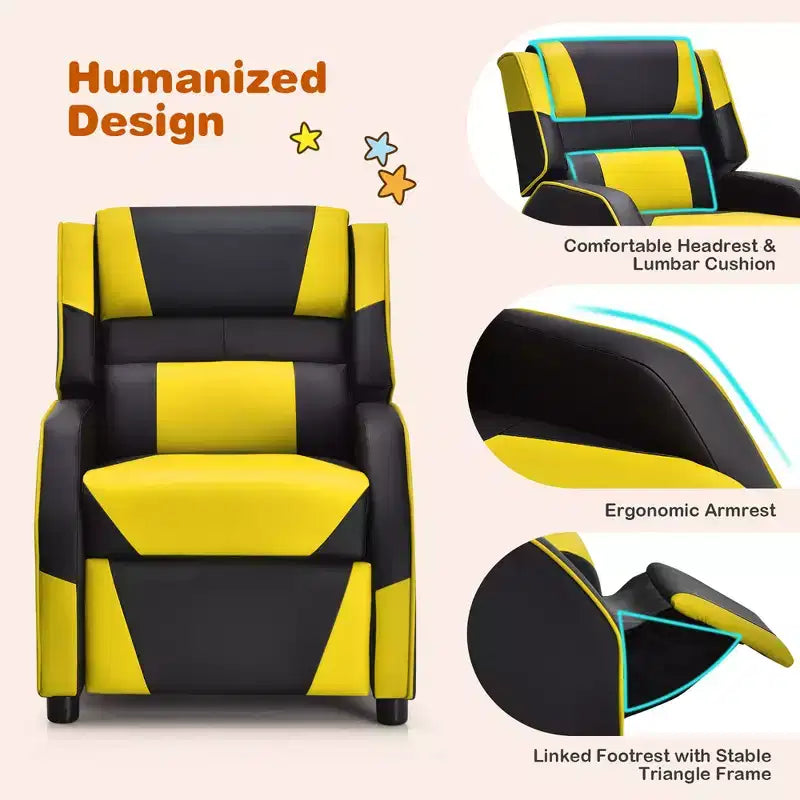 Divano Reclinabile per Bambini e Ragazzi Costway per Videogiochi con Poggiatesta e Poggiapiedi in Pelle PU Giallo/Bianco/Blu/Rosa