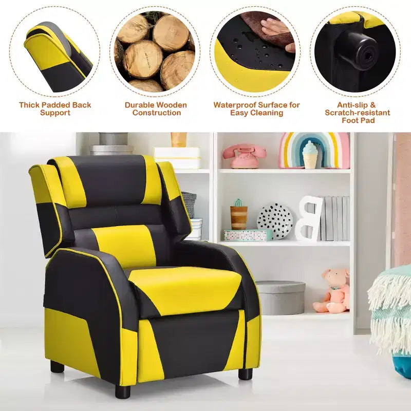 Divano Reclinabile per Bambini e Ragazzi Costway per Videogiochi con Poggiatesta e Poggiapiedi in Pelle PU Giallo/Bianco/Blu/Rosa