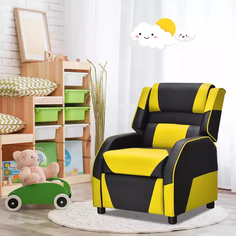Divano Reclinabile per Bambini e Ragazzi Costway per Videogiochi con Poggiatesta e Poggiapiedi in Pelle PU Giallo/Bianco/Blu/Rosa