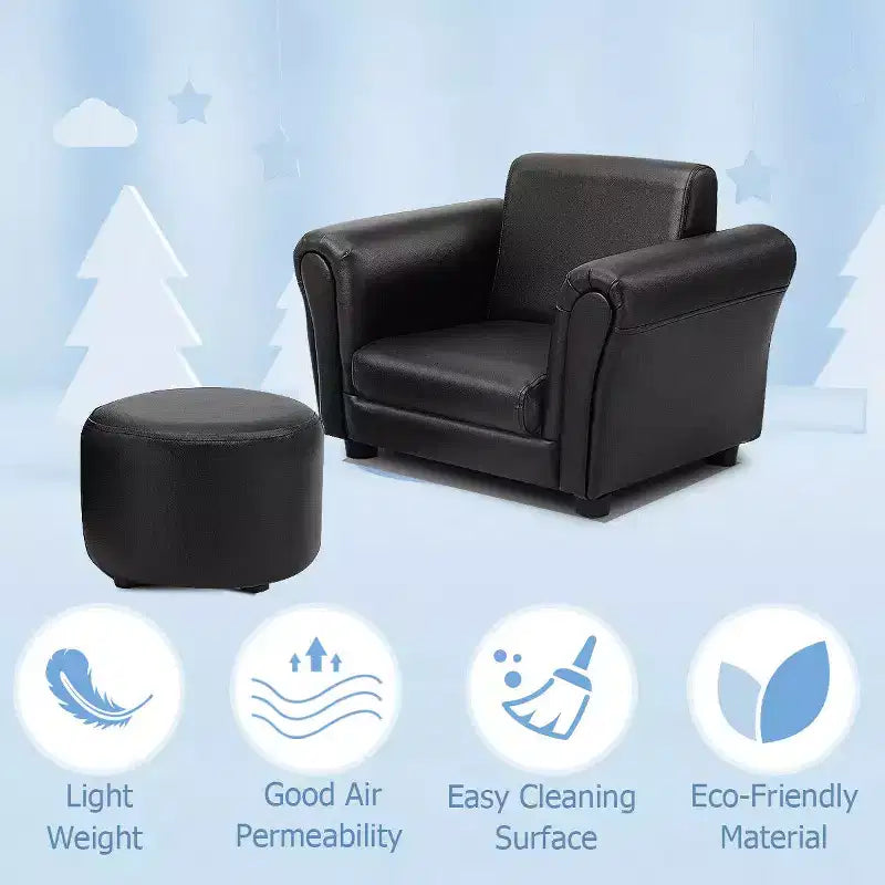Costway Divano Poltrona per Bambini Braccioli Sedia Divanetto Regalo di Compleanno con Pouf Nero