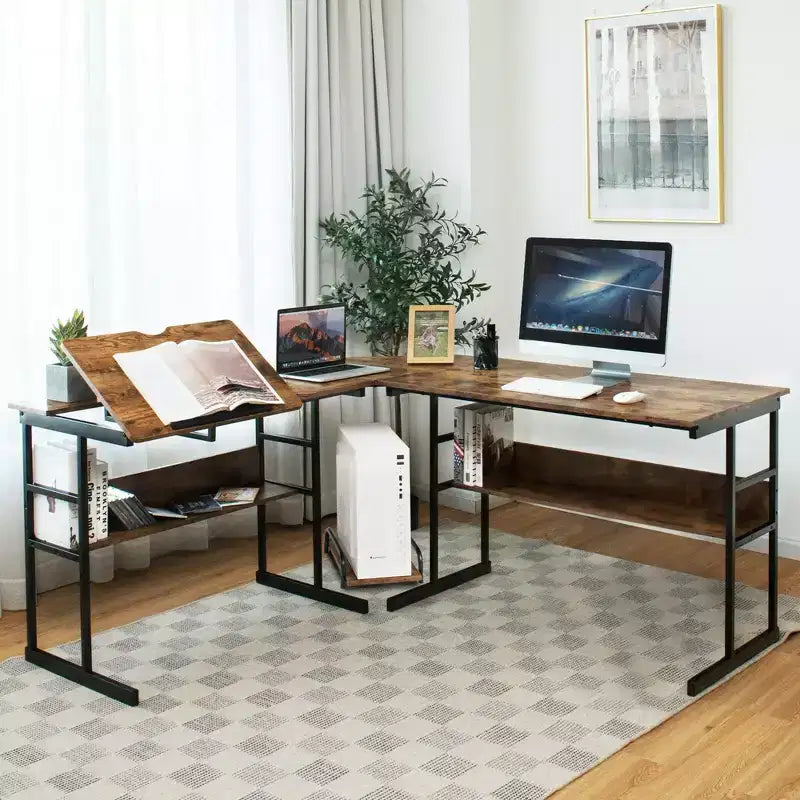 Scrivania ad angolo per computer con tavolo da disegno e piano inclinabile Costway