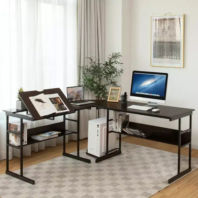 Scrivania ad angolo per computer con tavolo da disegno e piano inclinabile Costway
