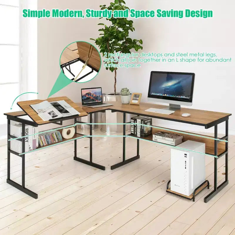 Scrivania ad angolo per computer con tavolo da disegno e piano inclinabile Costway
