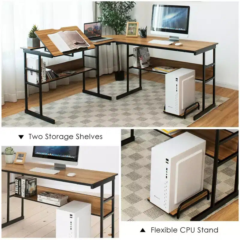 Scrivania ad angolo per computer con tavolo da disegno e piano inclinabile Costway