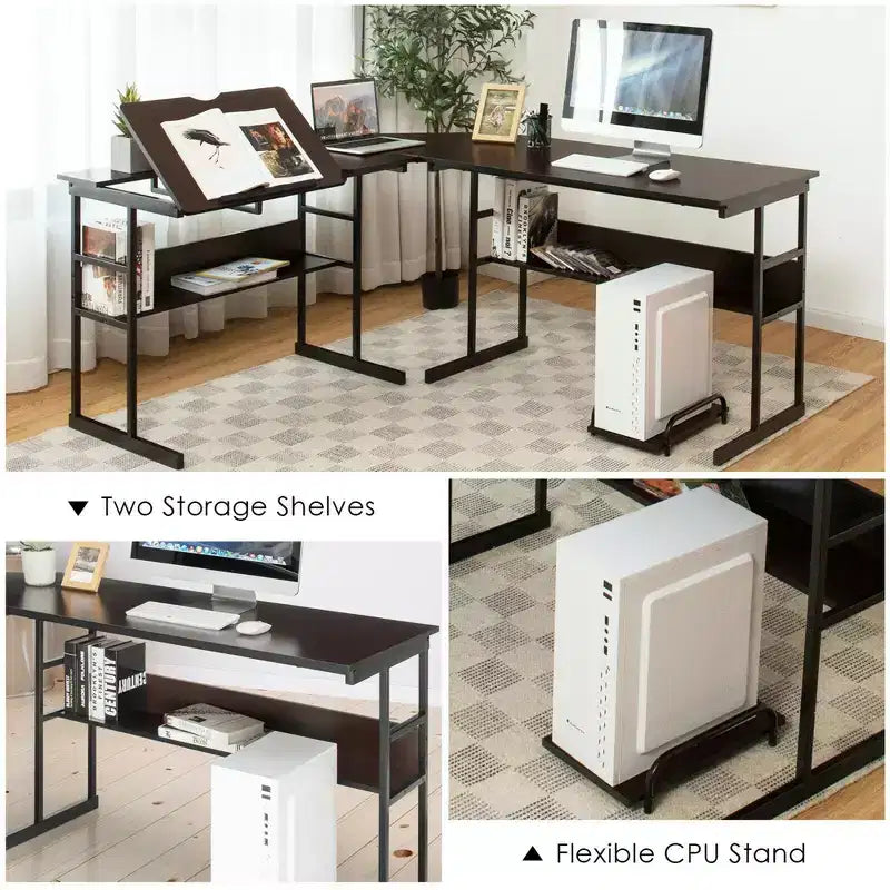 Scrivania ad angolo per computer con tavolo da disegno e piano inclinabile Costway