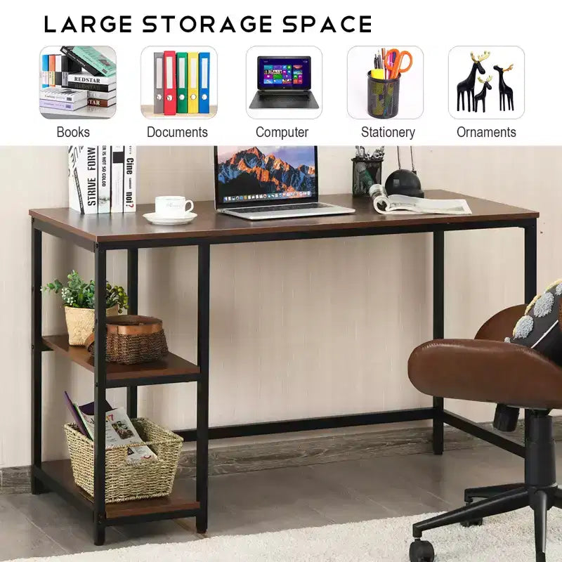 Scrivania per computer Costway da 119 cm, tavolo da ufficio/studio, postazione di lavoro domestica con ripiano regolabile, nero rustico/caffè/marrone