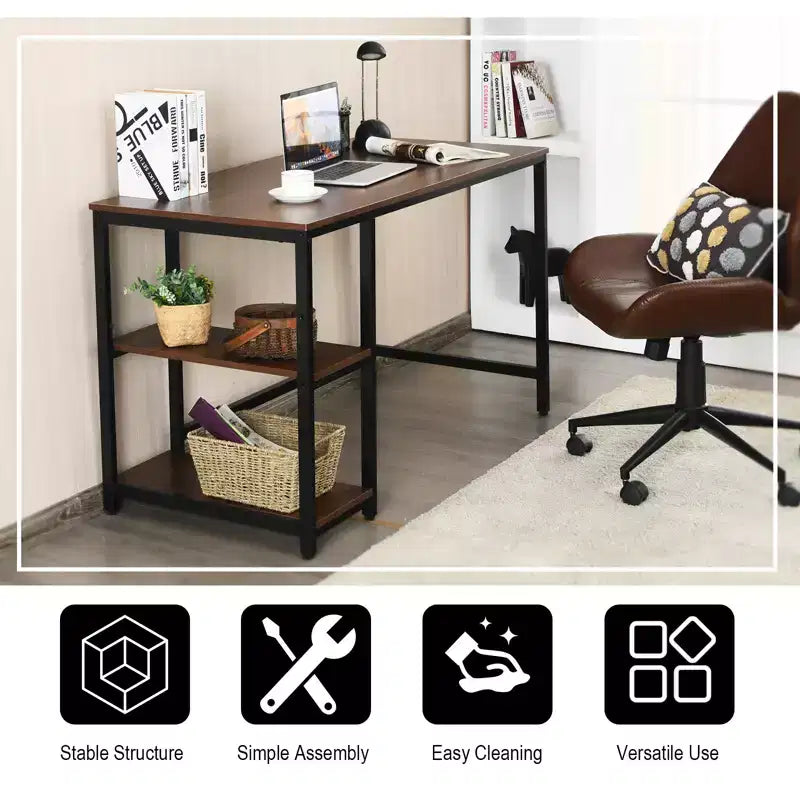 Scrivania per computer Costway da 119 cm, tavolo da ufficio/studio, postazione di lavoro domestica con ripiano regolabile, nero rustico/caffè/marrone