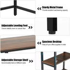 Scrivania per computer Costway da 119 cm, tavolo da ufficio/studio, postazione di lavoro domestica con ripiano regolabile, nero rustico/caffè/marrone