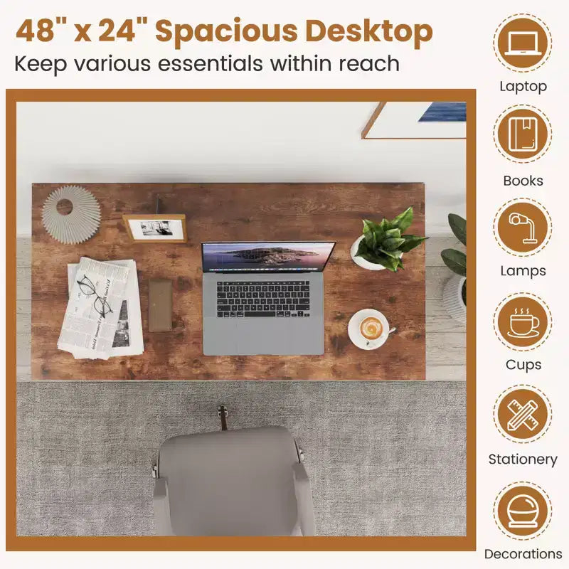 Scrivania per computer Costway da 119 cm, tavolo da ufficio/studio, postazione di lavoro domestica con ripiano regolabile, nero rustico/caffè/marrone
