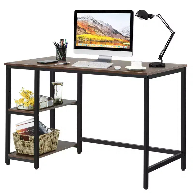 Scrivania per computer Costway da 119 cm, tavolo da ufficio/studio, postazione di lavoro domestica con ripiano regolabile, nero rustico/caffè/marrone