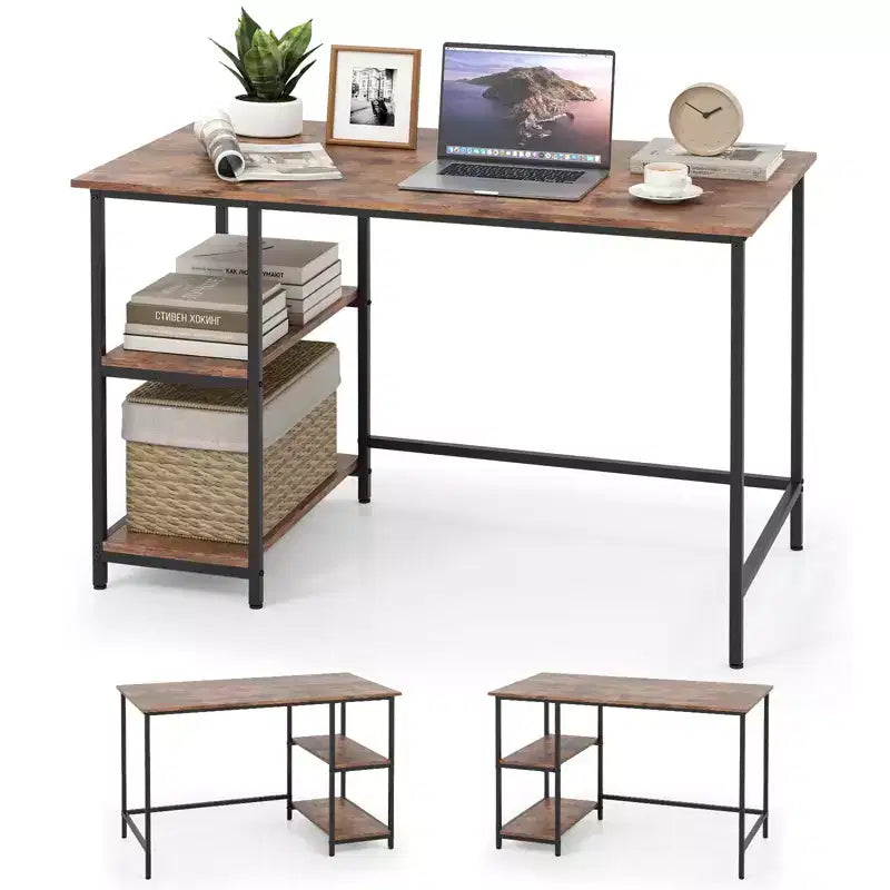 Scrivania per computer Costway da 119 cm, tavolo da ufficio/studio, postazione di lavoro domestica con ripiano regolabile, nero rustico/caffè/marrone