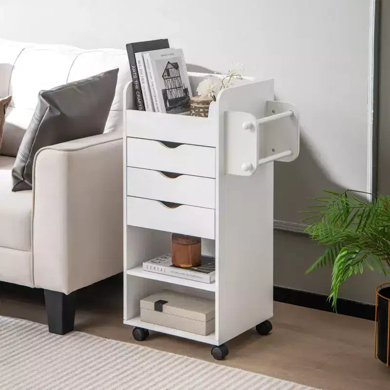 Carrello portaoggetti artigianale su ruote Costway, carrello multiuso in legno con 3 cassetti, 3 ripiani e vani, 2 tasselli in legno