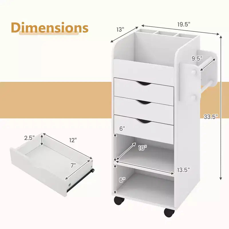 Carrello portaoggetti artigianale su ruote Costway, carrello multiuso in legno con 3 cassetti, 3 ripiani e vani, 2 tasselli in legno