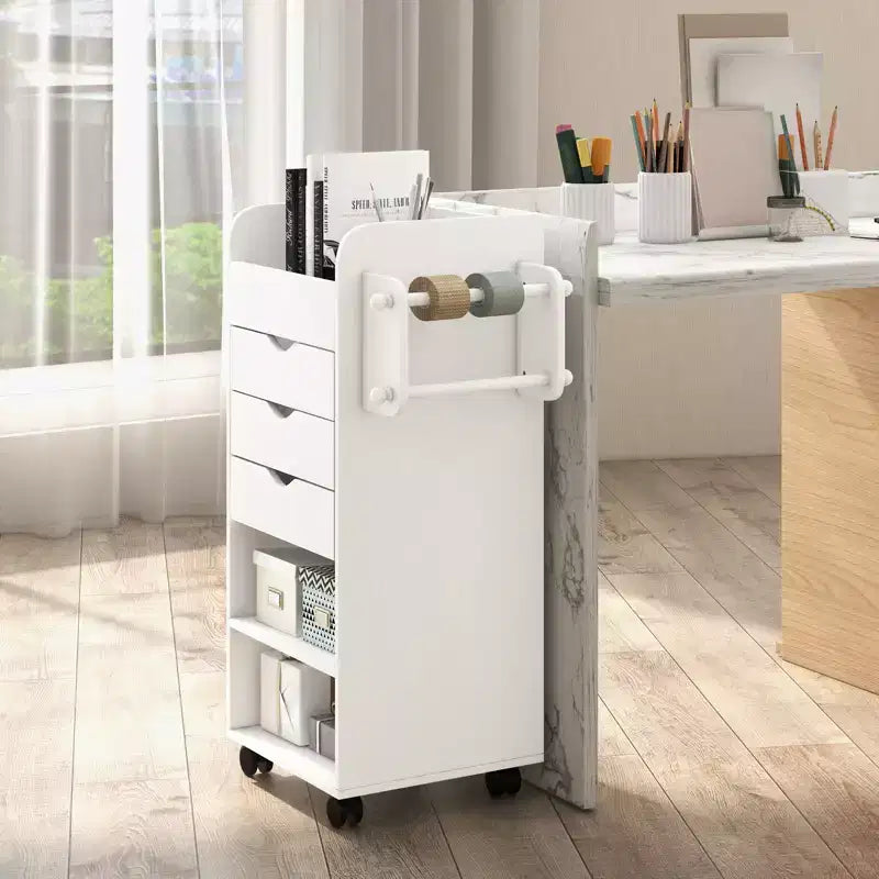 Carrello portaoggetti artigianale su ruote Costway, carrello multiuso in legno con 3 cassetti, 3 ripiani e vani, 2 tasselli in legno