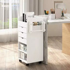 Carrello portaoggetti artigianale su ruote Costway, carrello multiuso in legno con 3 cassetti, 3 ripiani e vani, 2 tasselli in legno