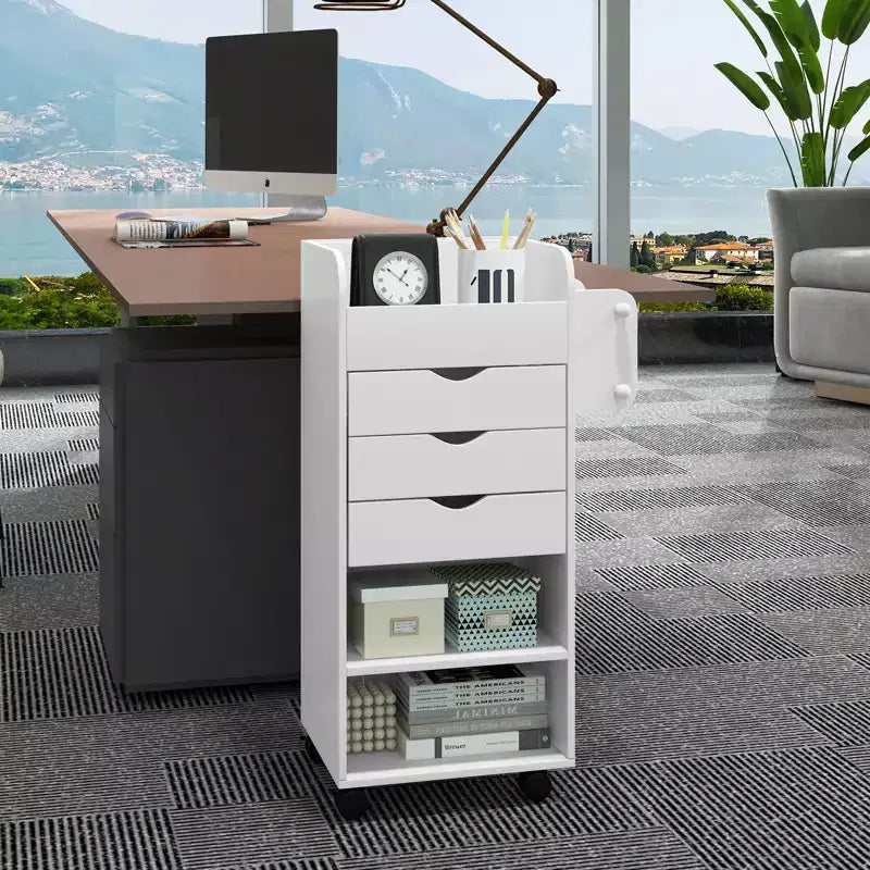 Carrello portaoggetti artigianale su ruote Costway, carrello multiuso in legno con 3 cassetti, 3 ripiani e vani, 2 tasselli in legno