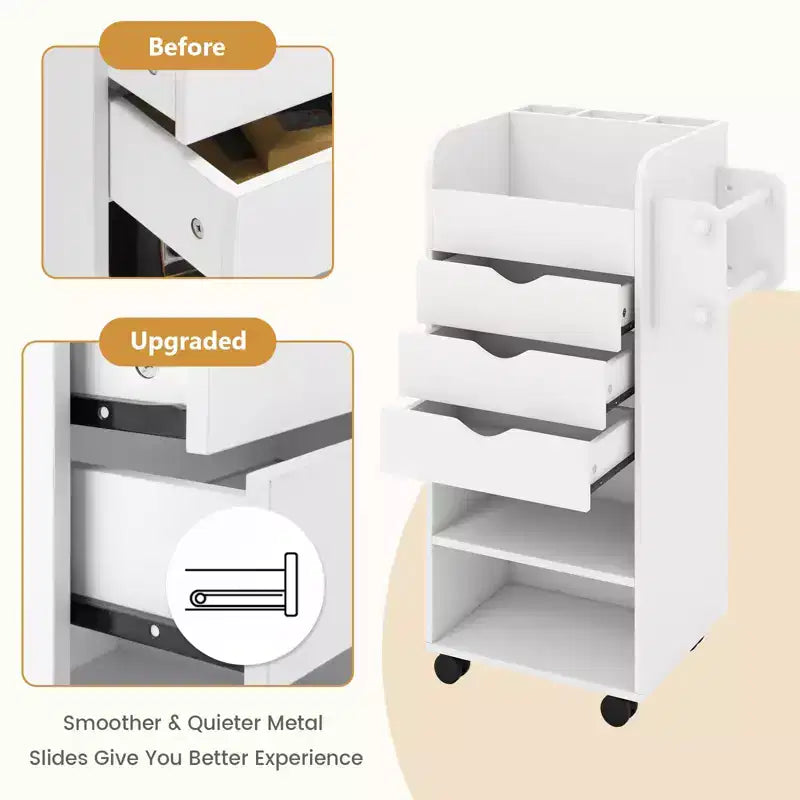 Carrello portaoggetti artigianale su ruote Costway, carrello multiuso in legno con 3 cassetti, 3 ripiani e vani, 2 tasselli in legno