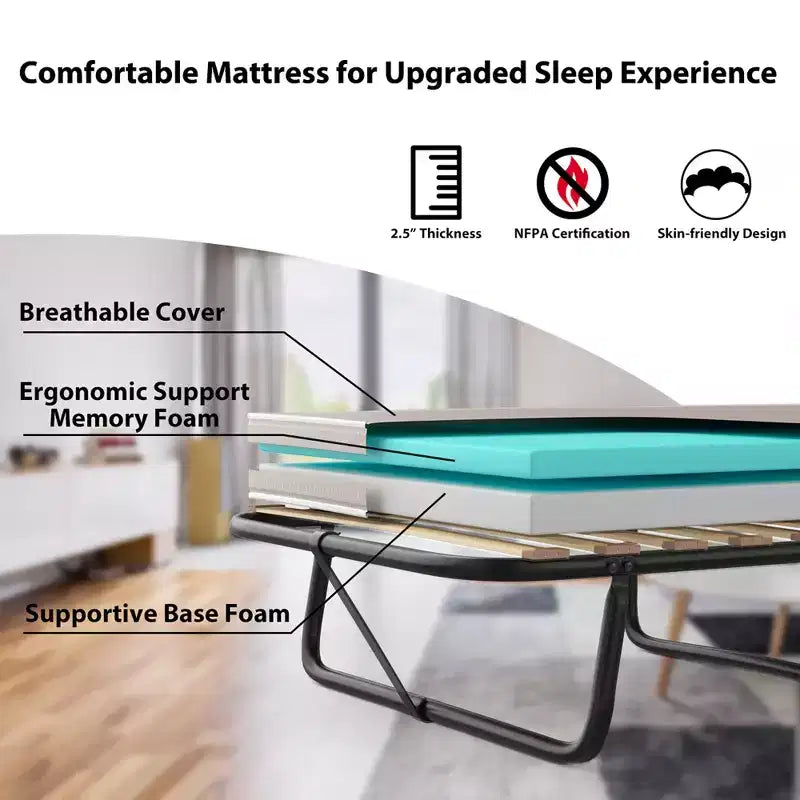 Costway Letto Pieghevole con Materasso in Memory Foam Rete a Doghe in Legno per Ospiti Prodotto in Italia
