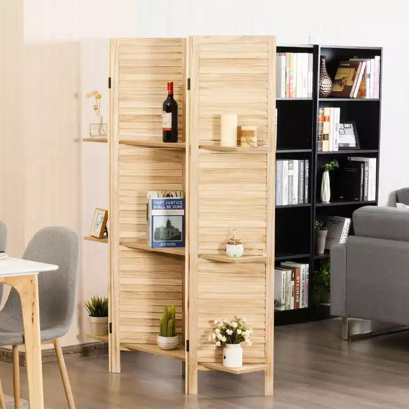 Costway Divisorio Pieghevole a 4 Pannelli con 3 Ripiani Espositivi, 170 cm di Altezza, Bianco Naturale