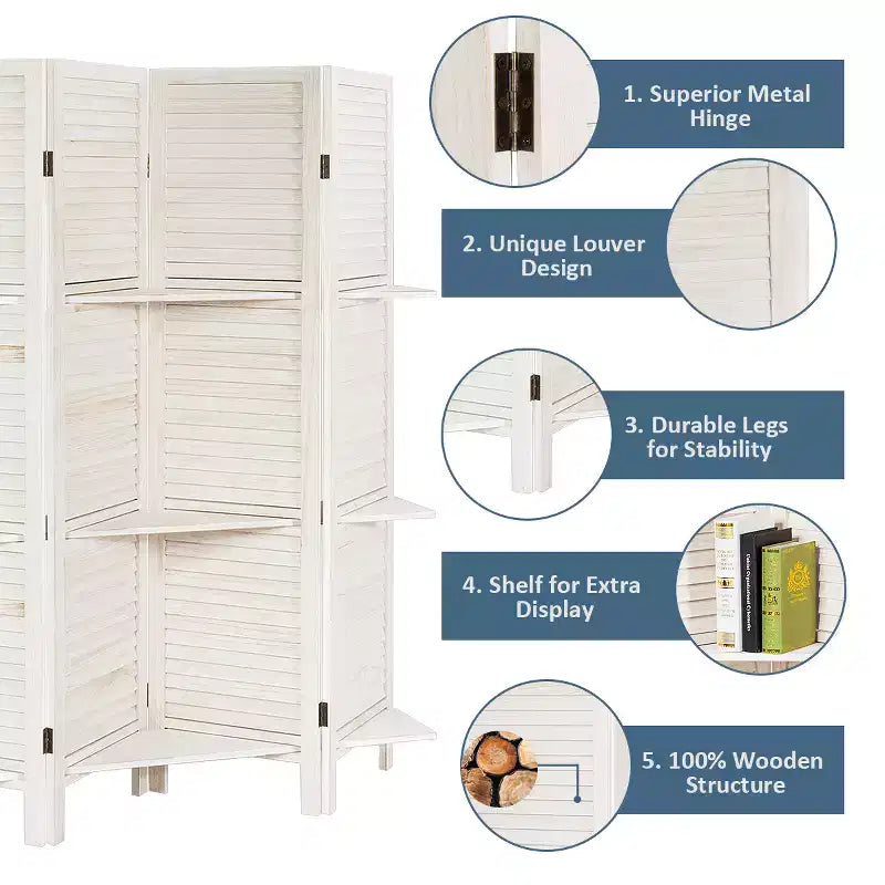 Costway Divisorio Pieghevole a 4 Pannelli con 3 Ripiani Espositivi, 170 cm di Altezza, Bianco Naturale