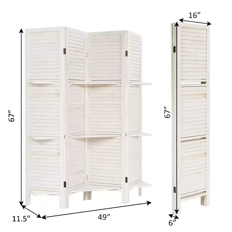 Costway Divisorio Pieghevole a 4 Pannelli con 3 Ripiani Espositivi, 170 cm di Altezza, Bianco Naturale