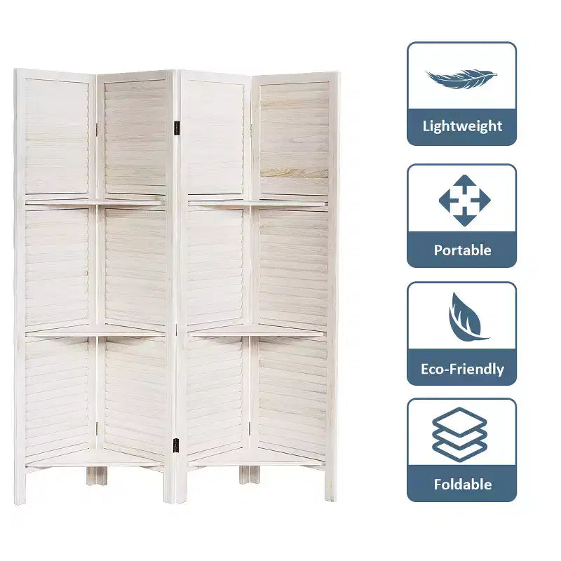 Costway Divisorio Pieghevole a 4 Pannelli con 3 Ripiani Espositivi, 170 cm di Altezza, Bianco Naturale