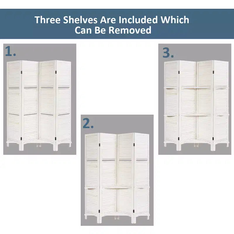 Costway Divisorio Pieghevole a 4 Pannelli con 3 Ripiani Espositivi, 170 cm di Altezza, Bianco Naturale