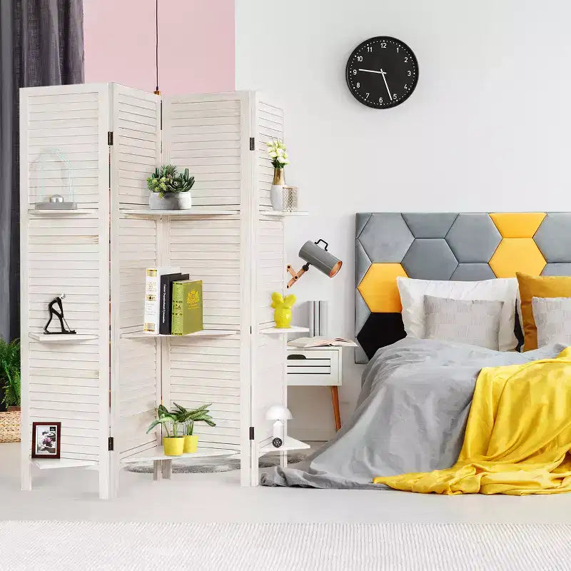 Costway Divisorio Pieghevole a 4 Pannelli con 3 Ripiani Espositivi, 170 cm di Altezza, Bianco Naturale