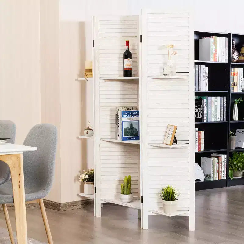 Costway Divisorio Pieghevole a 4 Pannelli con 3 Ripiani Espositivi, 170 cm di Altezza, Bianco Naturale