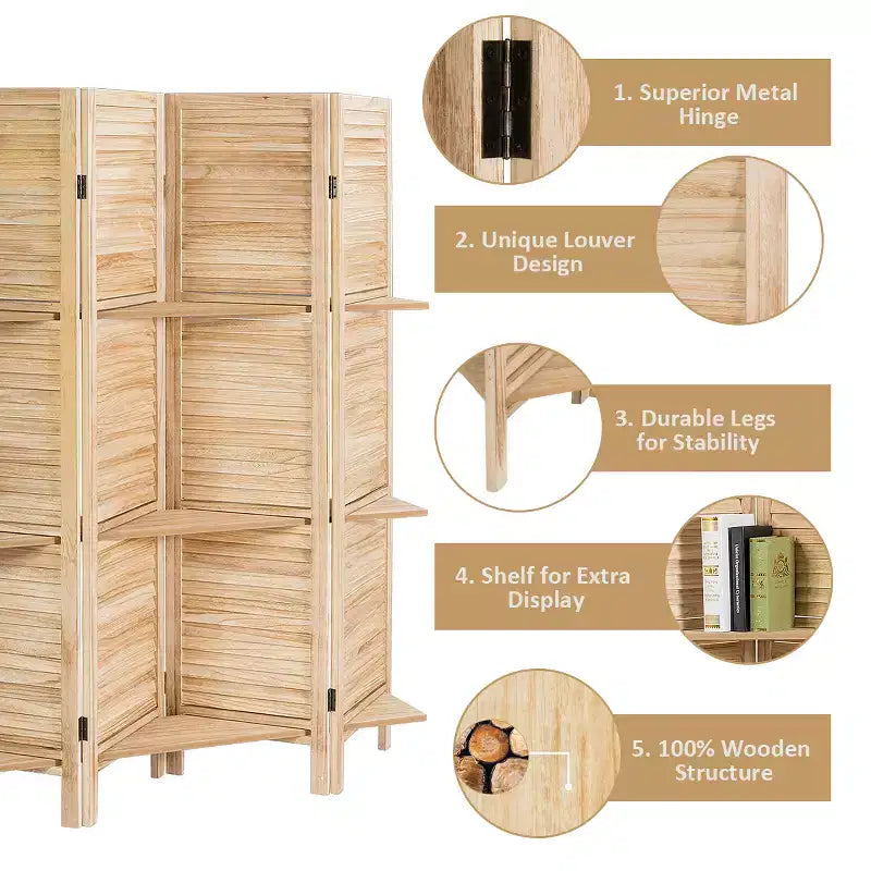 Costway Divisorio Pieghevole a 4 Pannelli con 3 Ripiani Espositivi, 170 cm di Altezza, Bianco Naturale
