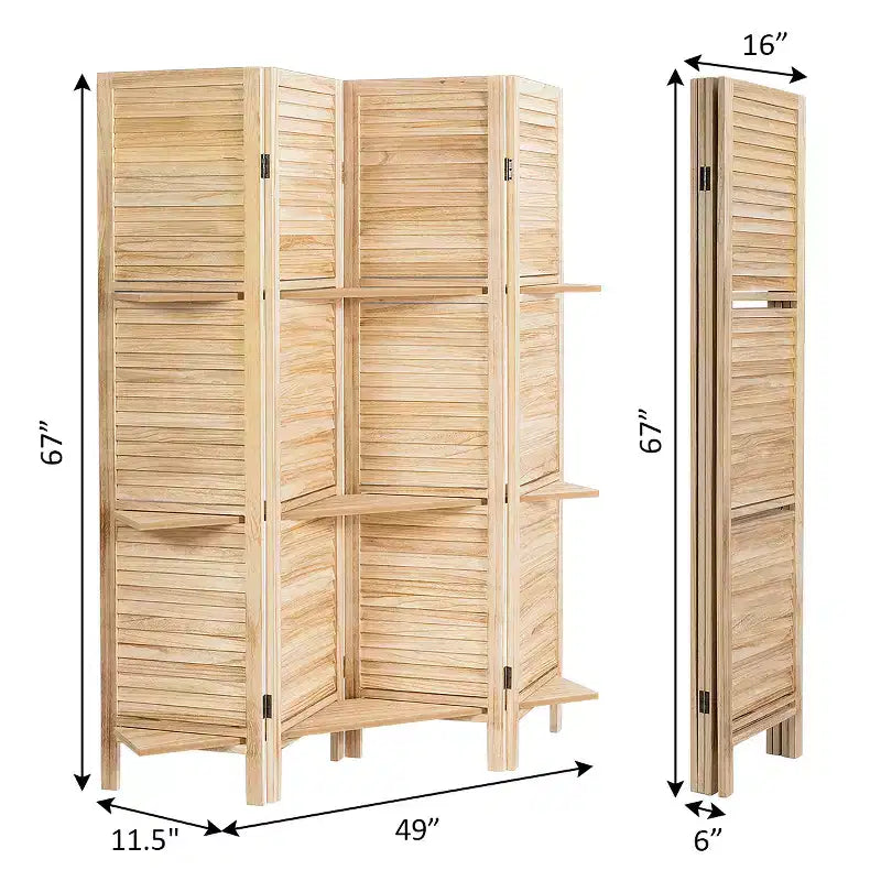 Costway Divisorio Pieghevole a 4 Pannelli con 3 Ripiani Espositivi, 170 cm di Altezza, Bianco Naturale