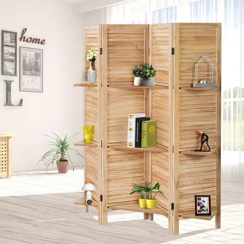 Costway Divisorio Pieghevole a 4 Pannelli con 3 Ripiani Espositivi, 170 cm di Altezza, Bianco Naturale