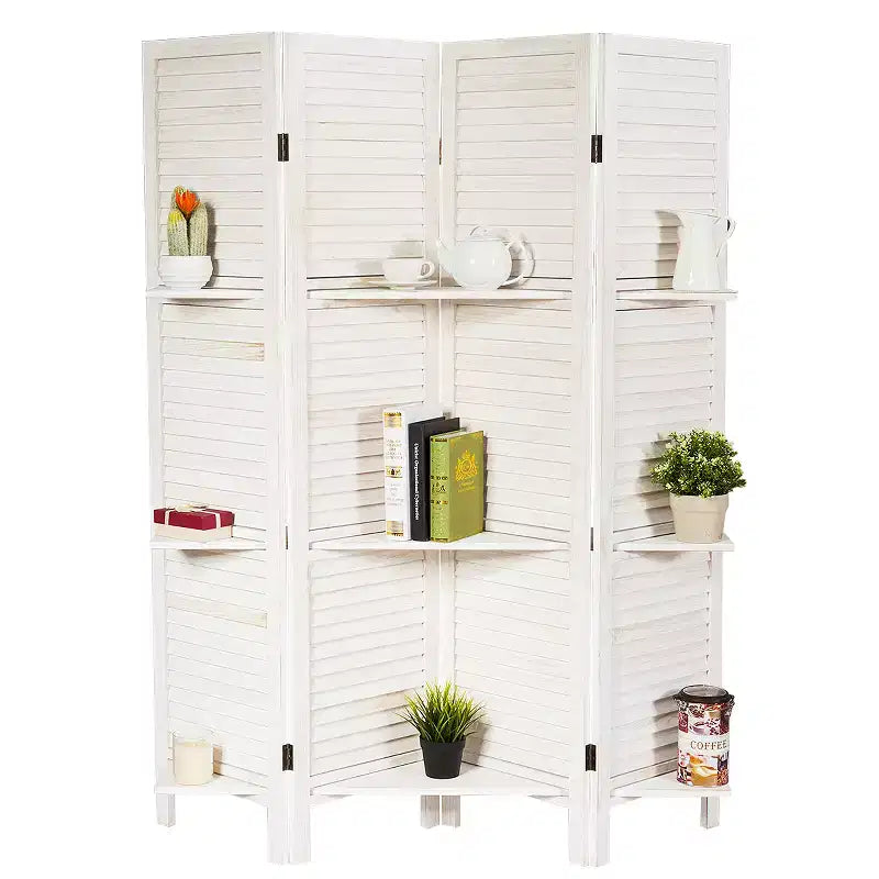 Costway Divisorio Pieghevole a 4 Pannelli con 3 Ripiani Espositivi, 170 cm di Altezza, Bianco Naturale
