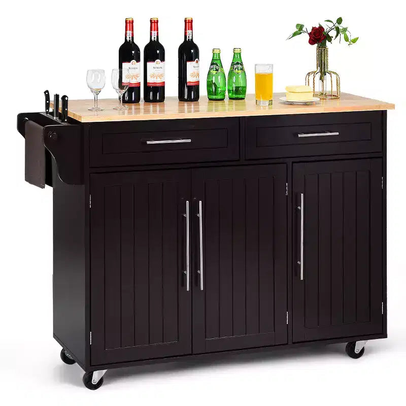 Costway Kitchen Island Trolley Cart Wood Top Rolling Storage Cabinet w/Knife Block WhiteBrown
