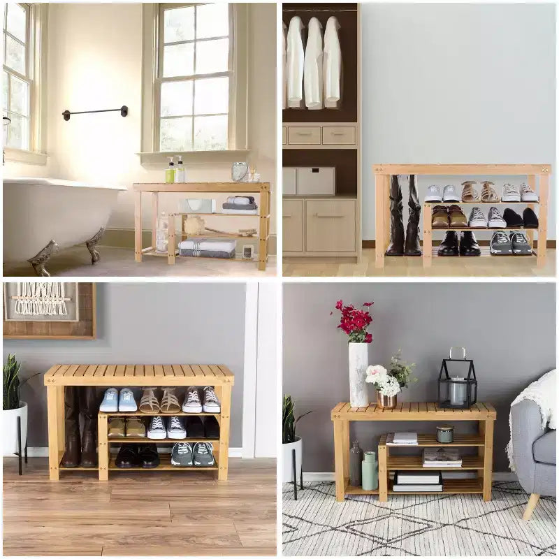 Panchina scarpiera e portastivali Hastings Home a 3 livelli in bambù con seduta contenitore - Legno naturale