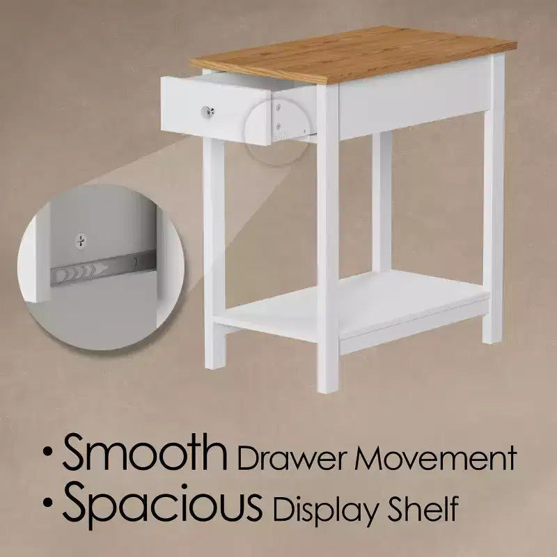 Tavolino stretto Hastings Home con cassetto e ripiano contenitore - Bianco/Miele Quercia