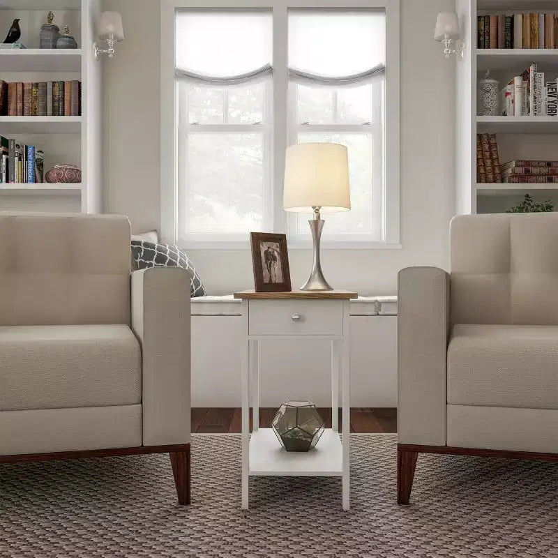 Tavolino stretto Hastings Home con cassetto e ripiano contenitore - Bianco/Miele Quercia