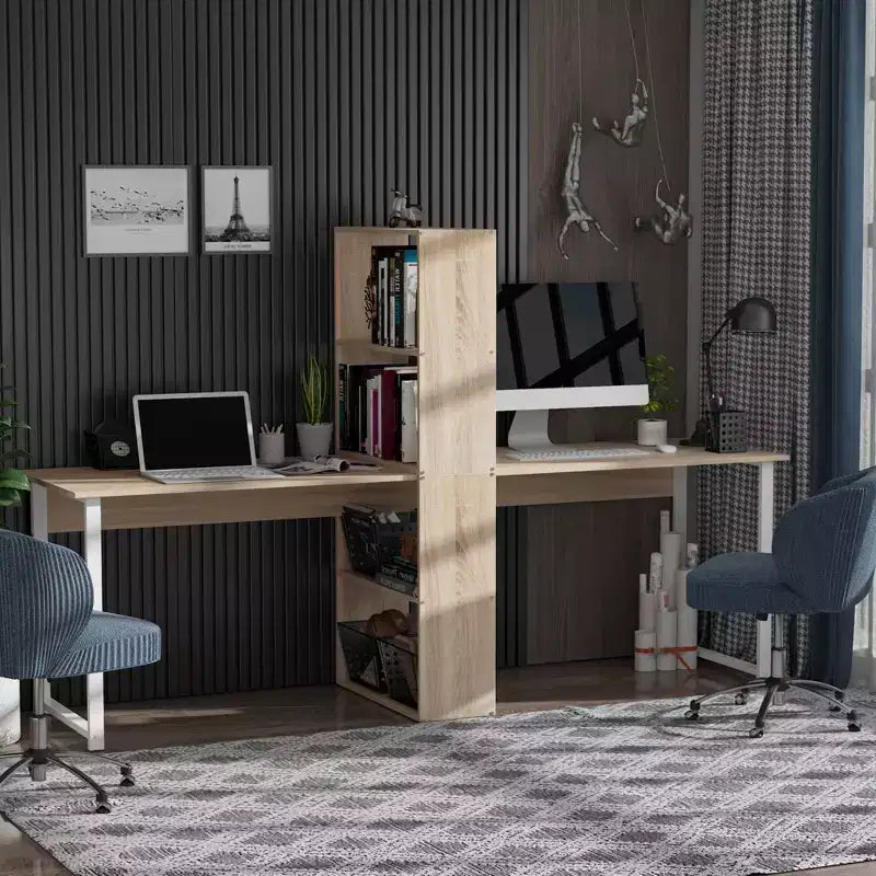 HOMCOM Scrivania da computer extra lunga 88 per 2 persone con combo ripiani portaoggetti, doppia postazione di lavoro, tavolo da studio e scrittura con libreria per ufficio a casa