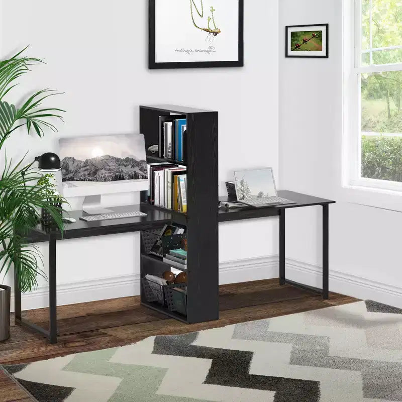 HOMCOM Scrivania da computer extra lunga 88 per 2 persone con combo ripiani portaoggetti, doppia postazione di lavoro, tavolo da studio e scrittura con libreria per ufficio a casa