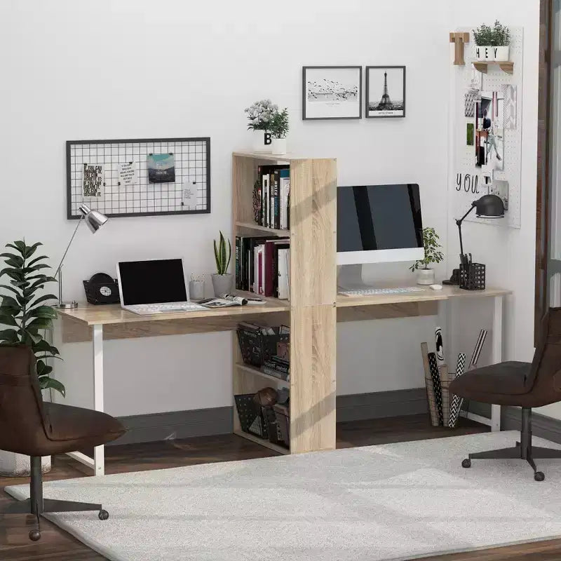 HOMCOM Scrivania da computer extra lunga 88 per 2 persone con combo ripiani portaoggetti, doppia postazione di lavoro, tavolo da studio e scrittura con libreria per ufficio a casa