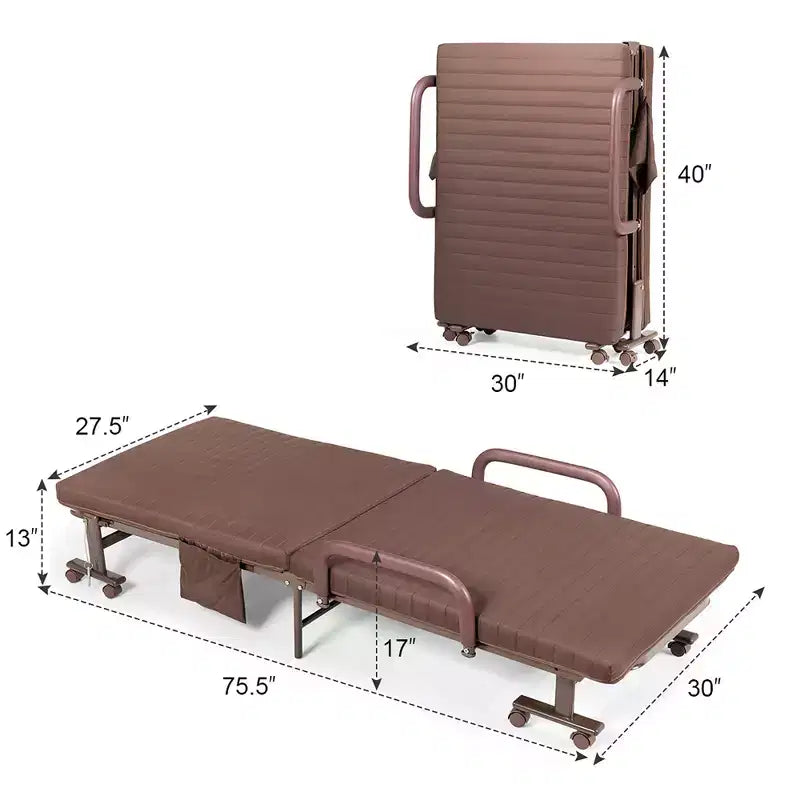 Costway Letto Pieghevole per Ospiti Regolabile Singolo con Materasso e Rotelle Portatile Marrone/Grigio/Bianco