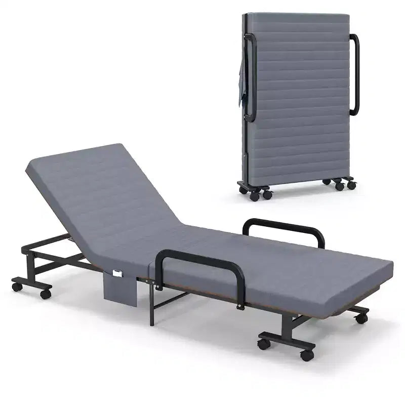 Costway Letto Pieghevole per Ospiti Regolabile Singolo con Materasso e Rotelle Portatile Marrone/Grigio/Bianco