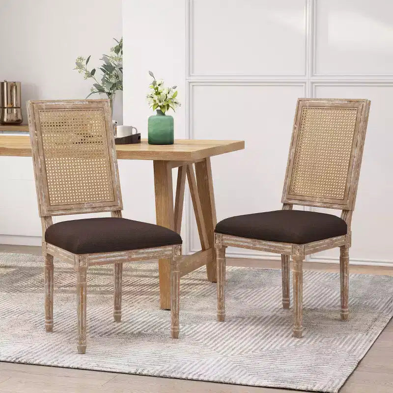 Lot de 2 chaises de salle à manger tapissées en bois et cannage style campagne française Regina - Christopher Knight Home