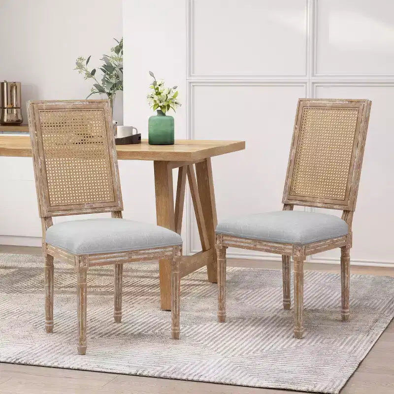 Lot de 2 chaises de salle à manger tapissées en bois et cannage style campagne française Regina - Christopher Knight Home