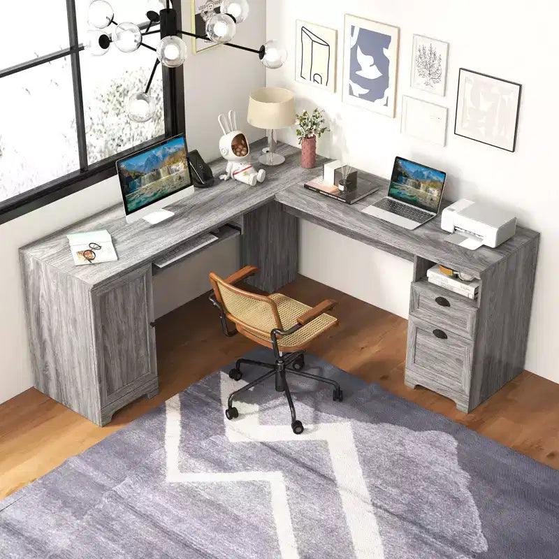 Scrivania angolare a L per computer Costway Tavolo da scrittura Workstation per studio con cassetti e contenitori