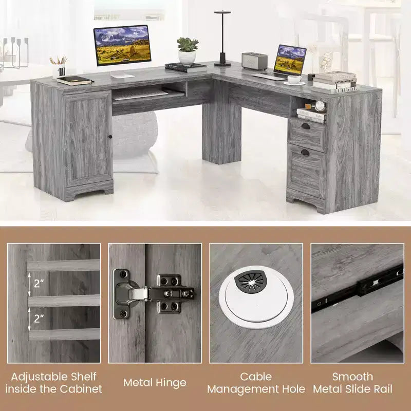 Scrivania angolare a L per computer Costway Tavolo da scrittura Workstation per studio con cassetti e contenitori
