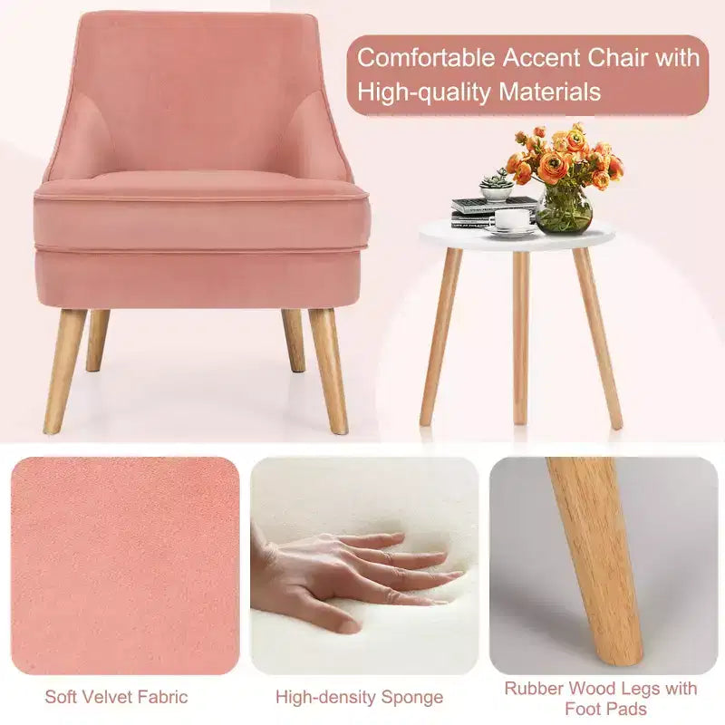 Poltrona Accent Costway in velluto, divano singolo con gambe in legno di caucciù rosa/verde/grigio