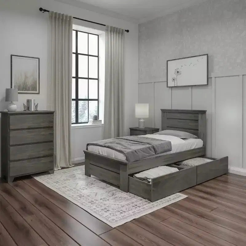 Struttura letto matrimoniale Max & Lily con cassetti contenitore, piattaforma letto in legno massello per bambini