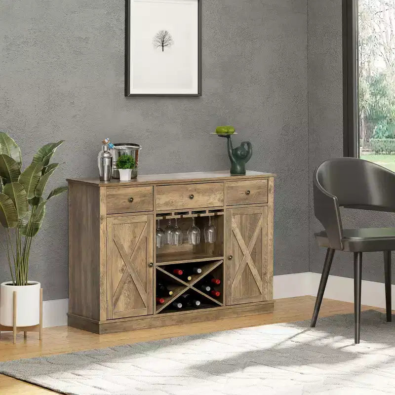 HOMCOM Madia Credenza da Cucina Stile Rustico con Portabottiglie, Portabicchieri e 3 Cassetti
